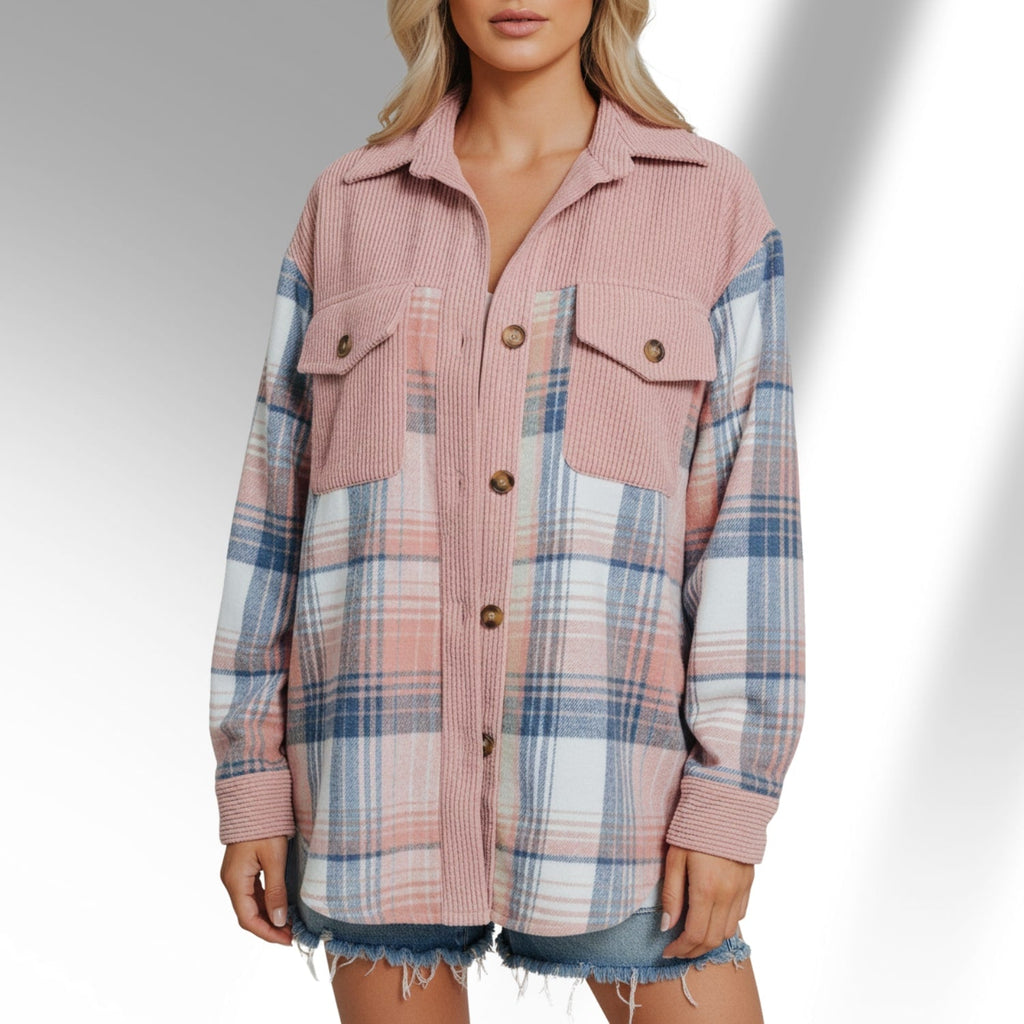 Hana Women’s Plaid Shacket – Brushed Fabric Overshirt with Corduroy Collar