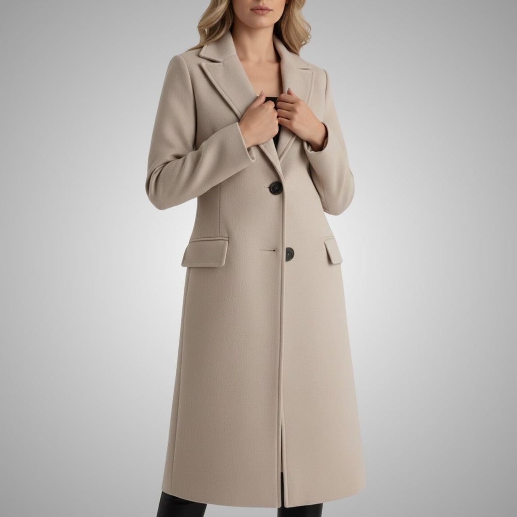 Alyssa Women’s Wool Coat – Tailored Two-Button Long Coat with Structured Collar