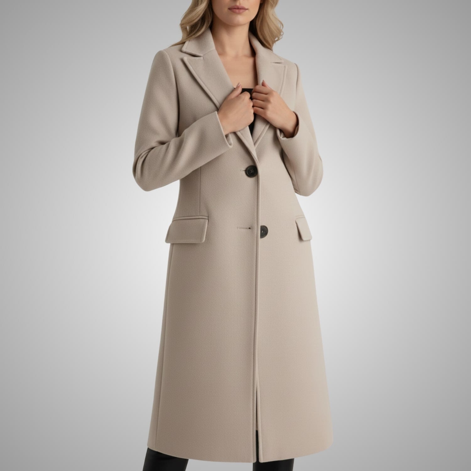 Alyssa Women’s Wool Coat – Tailored Two-Button Long Coat with Structured Collar