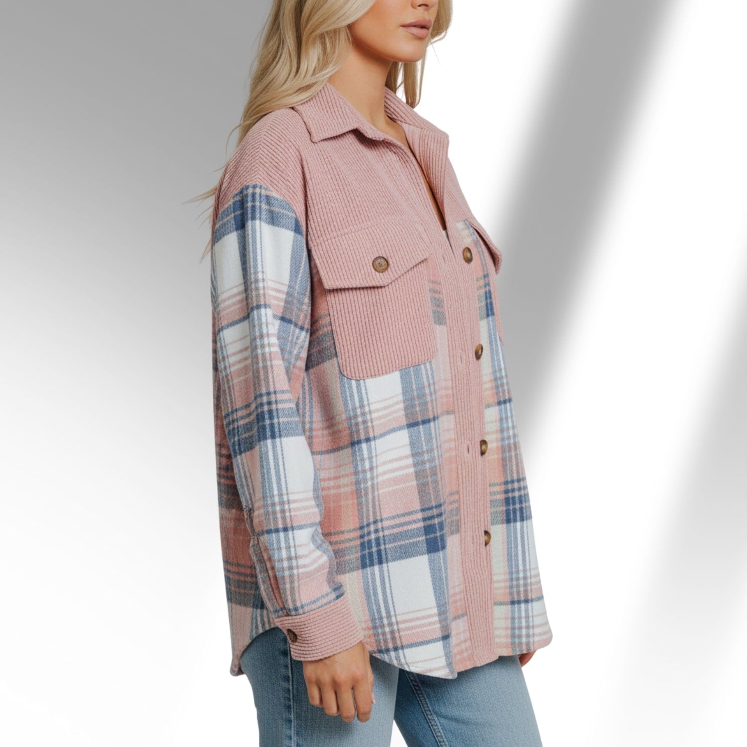 Hana Women’s Plaid Shacket – Brushed Fabric Overshirt with Corduroy Collar