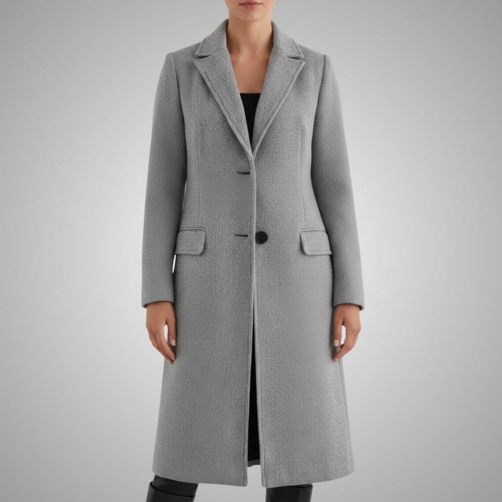 Alyssa Women’s Wool Coat – Tailored Two-Button Long Coat with Structured Collar