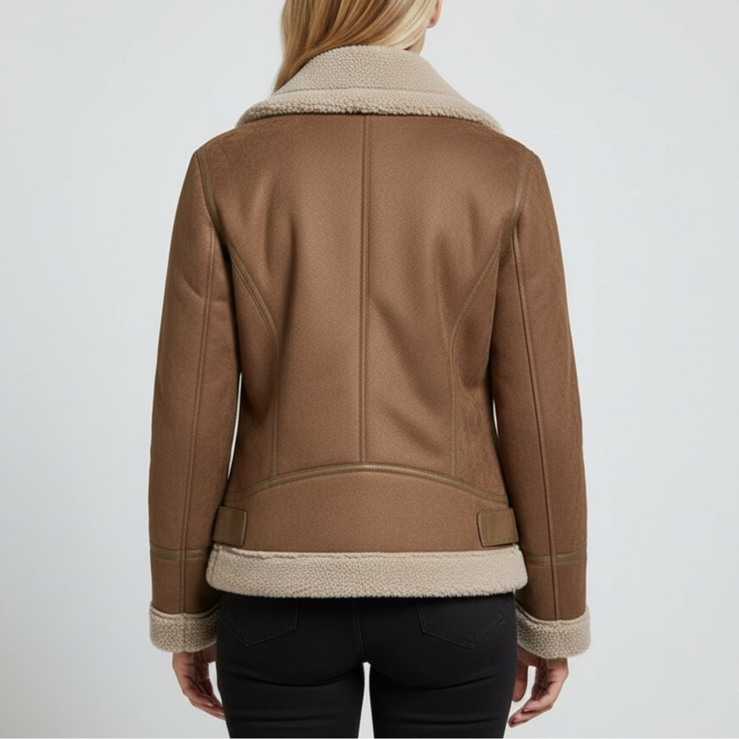 Polina Women’s Shearling Jacket – Aviator Suede Jacket with Plush Lining