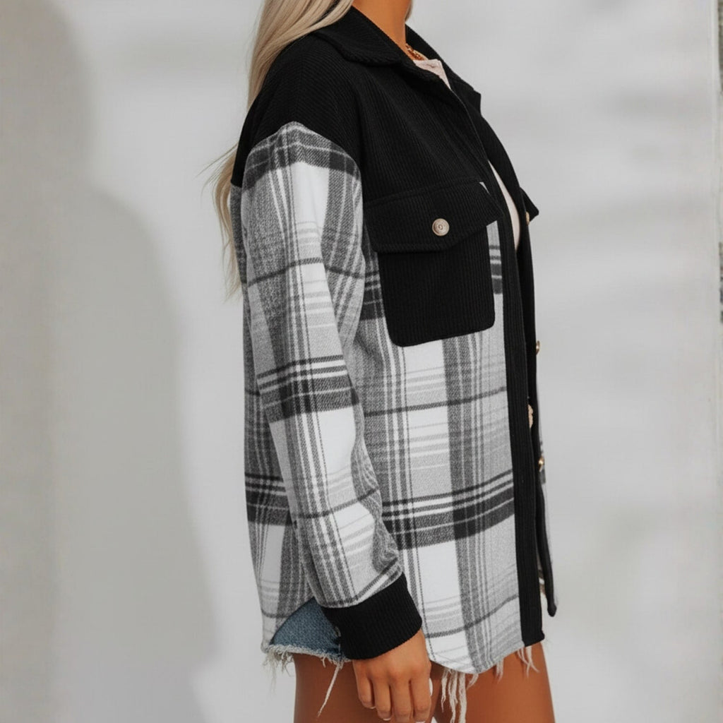 Hana Women’s Plaid Shacket – Brushed Fabric Overshirt with Corduroy Collar