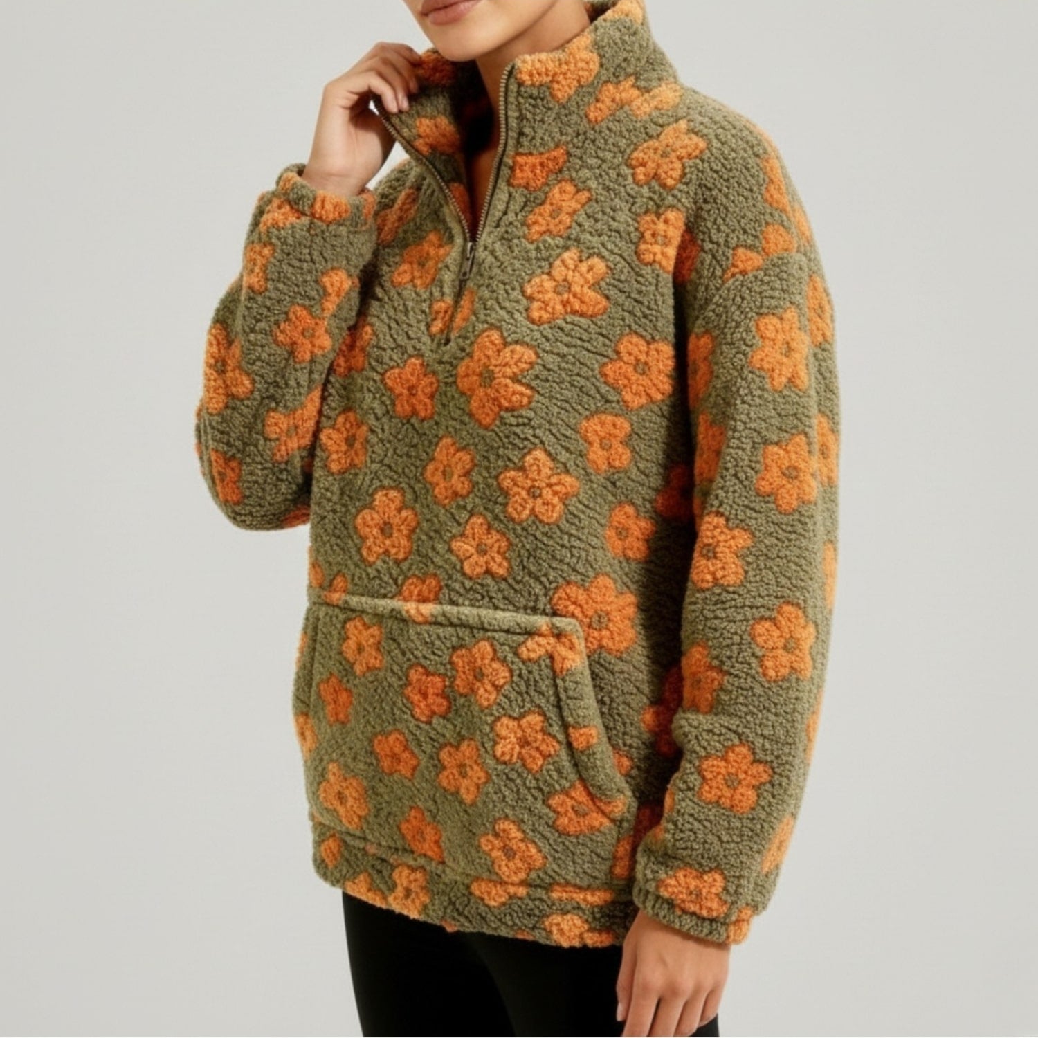Dahlia Women's Fleece Pullover – Floral Soft Half-Zip Oversized Winter Pullover