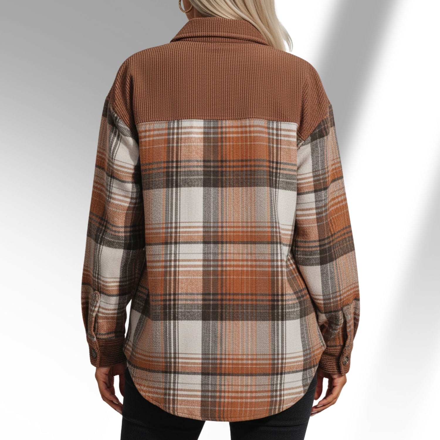 Hana Women’s Plaid Shacket – Brushed Fabric Overshirt with Corduroy Collar