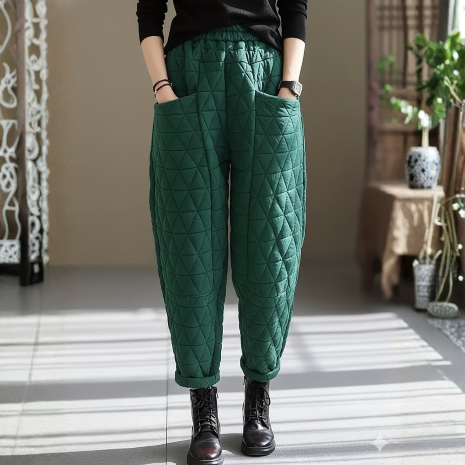 Sara Women’s Quilted Jogger Pants – Diamond Padded Thermal Cotton Pants