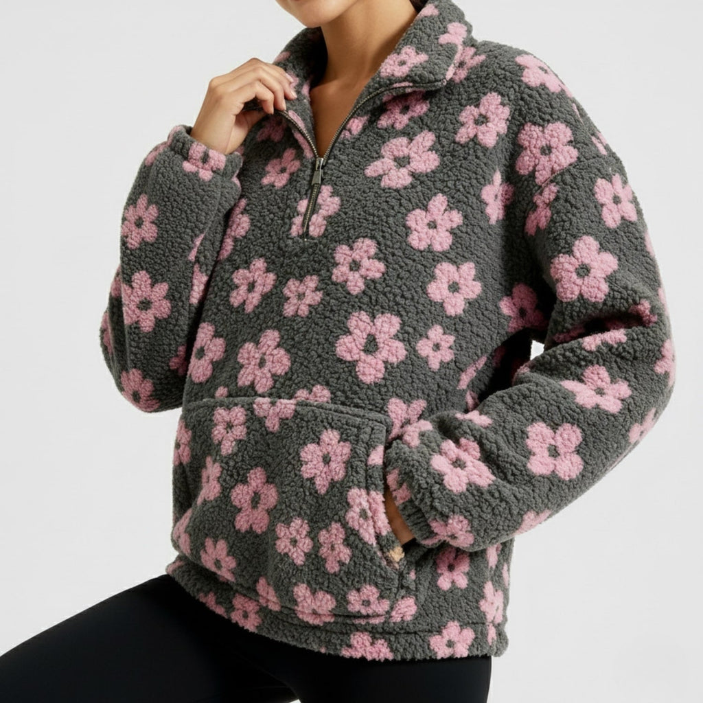 Dahlia Women's Fleece Pullover – Floral Soft Half-Zip Oversized Winter Pullover
