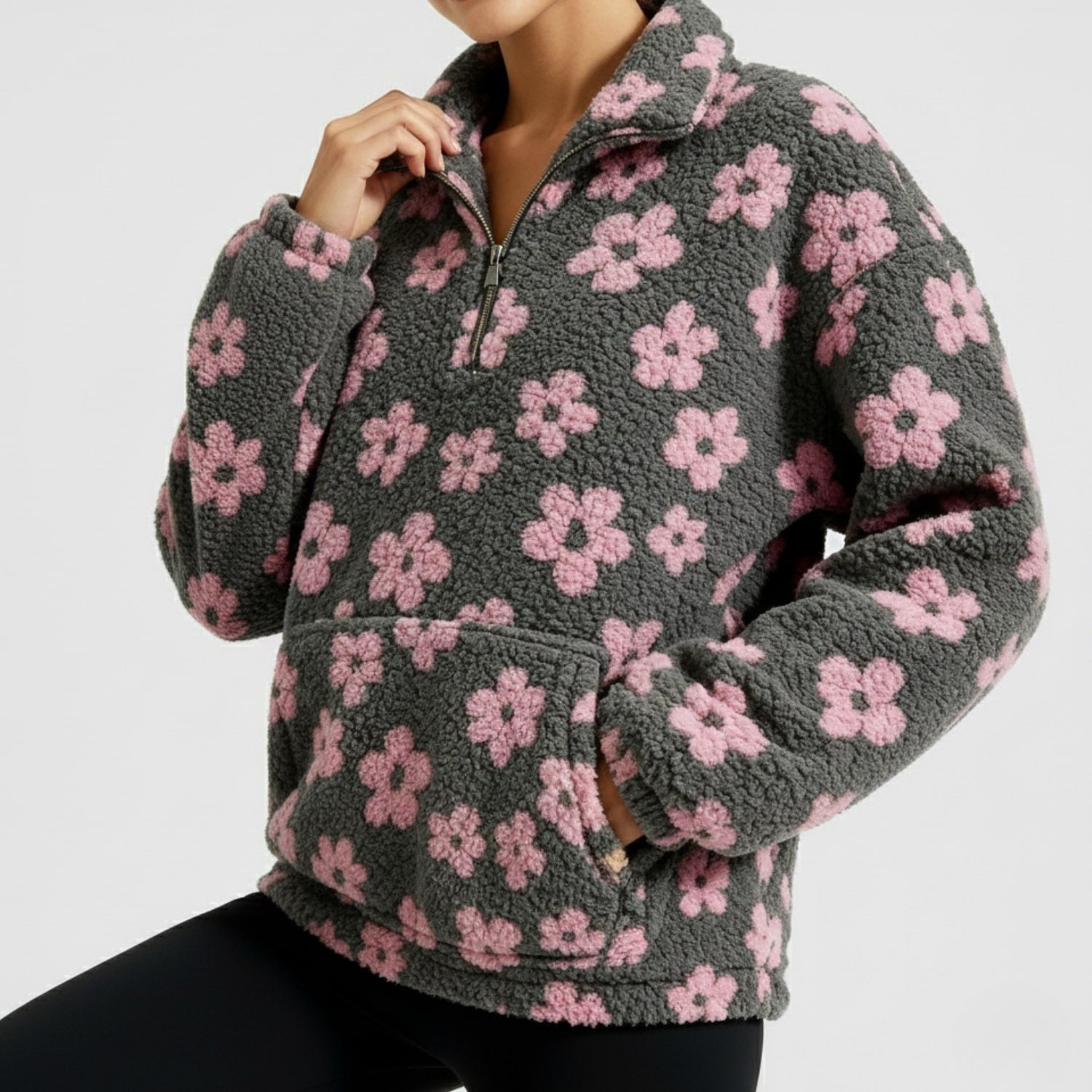 Dahlia Women's Fleece Pullover – Floral Soft Half-Zip Oversized Winter Pullover