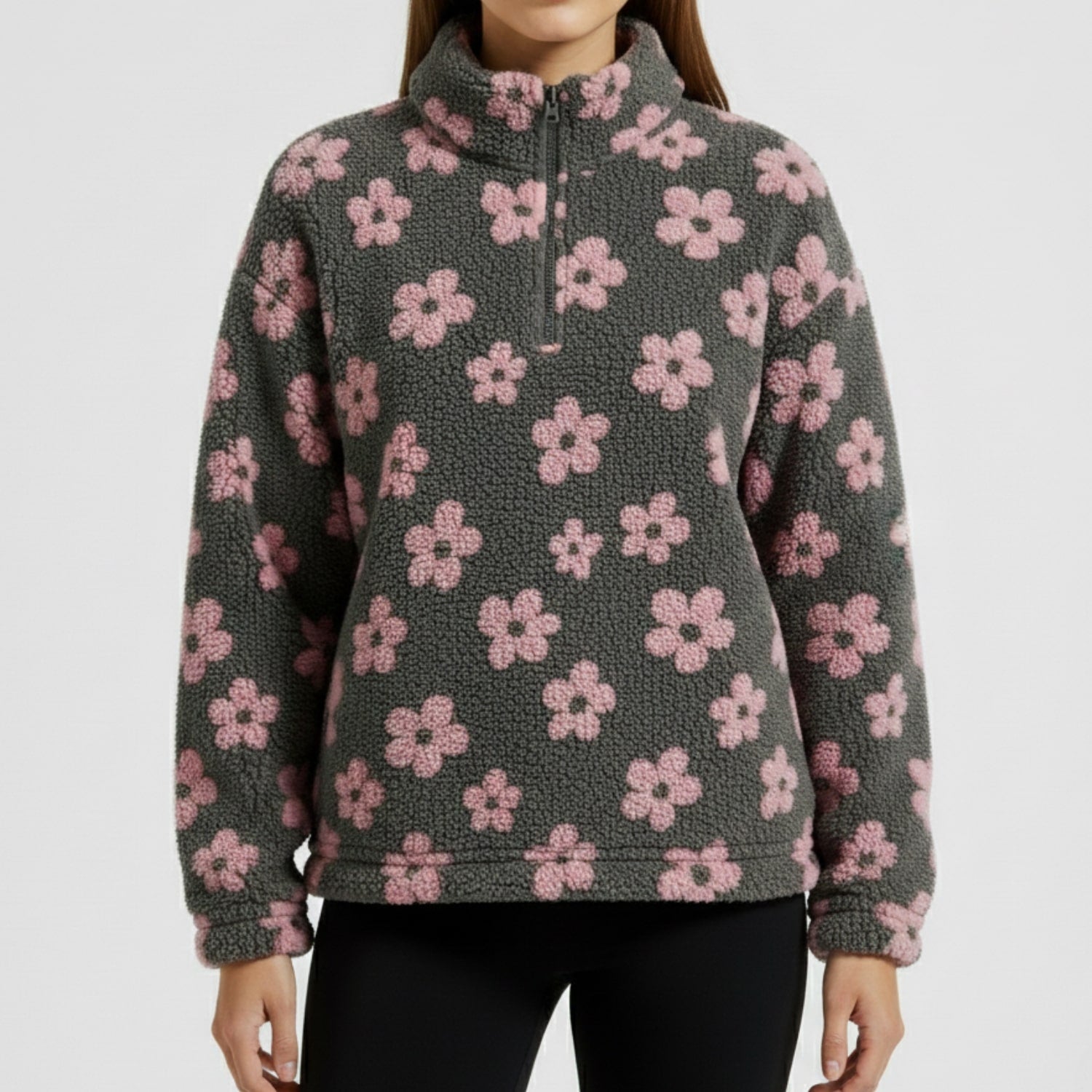 Dahlia Women's Fleece Pullover – Floral Soft Half-Zip Oversized Winter Pullover