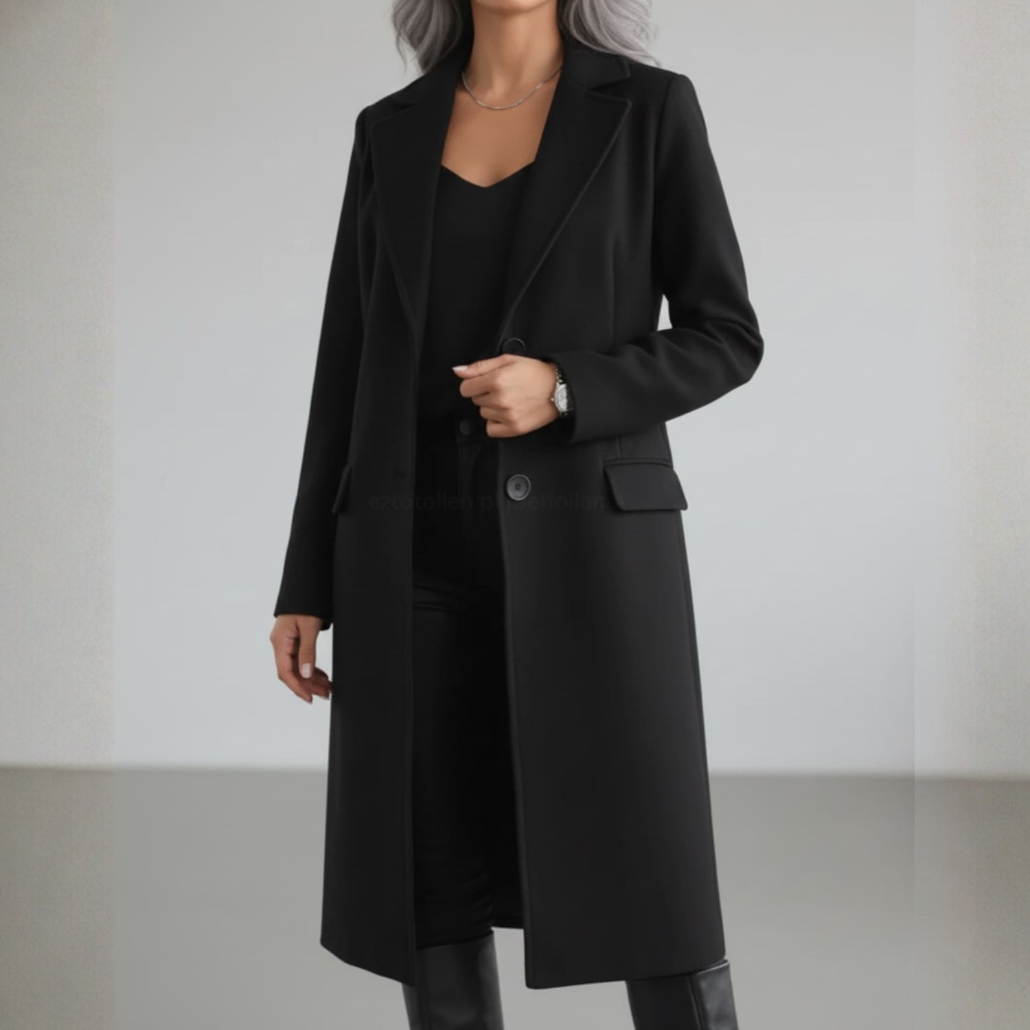 Alyssa Women’s Wool Coat – Tailored Two-Button Long Coat with Structured Collar