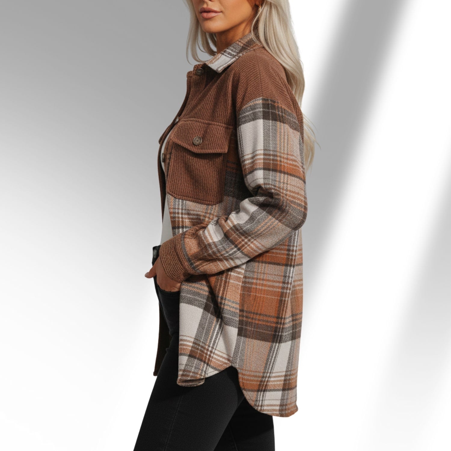 Hana Women’s Plaid Shacket – Brushed Fabric Overshirt with Corduroy Collar