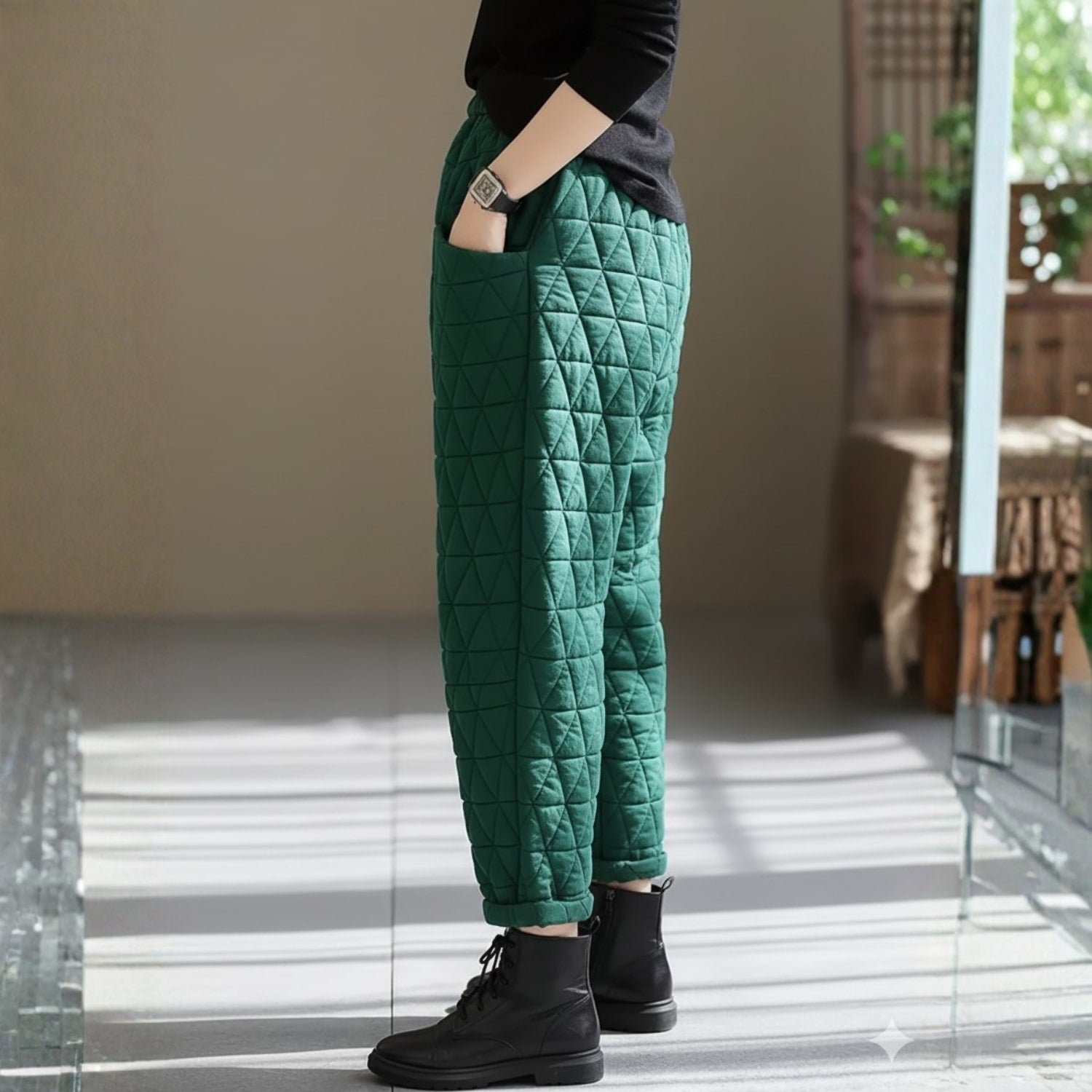 Sara Women’s Quilted Jogger Pants – Diamond Padded Thermal Cotton Pants