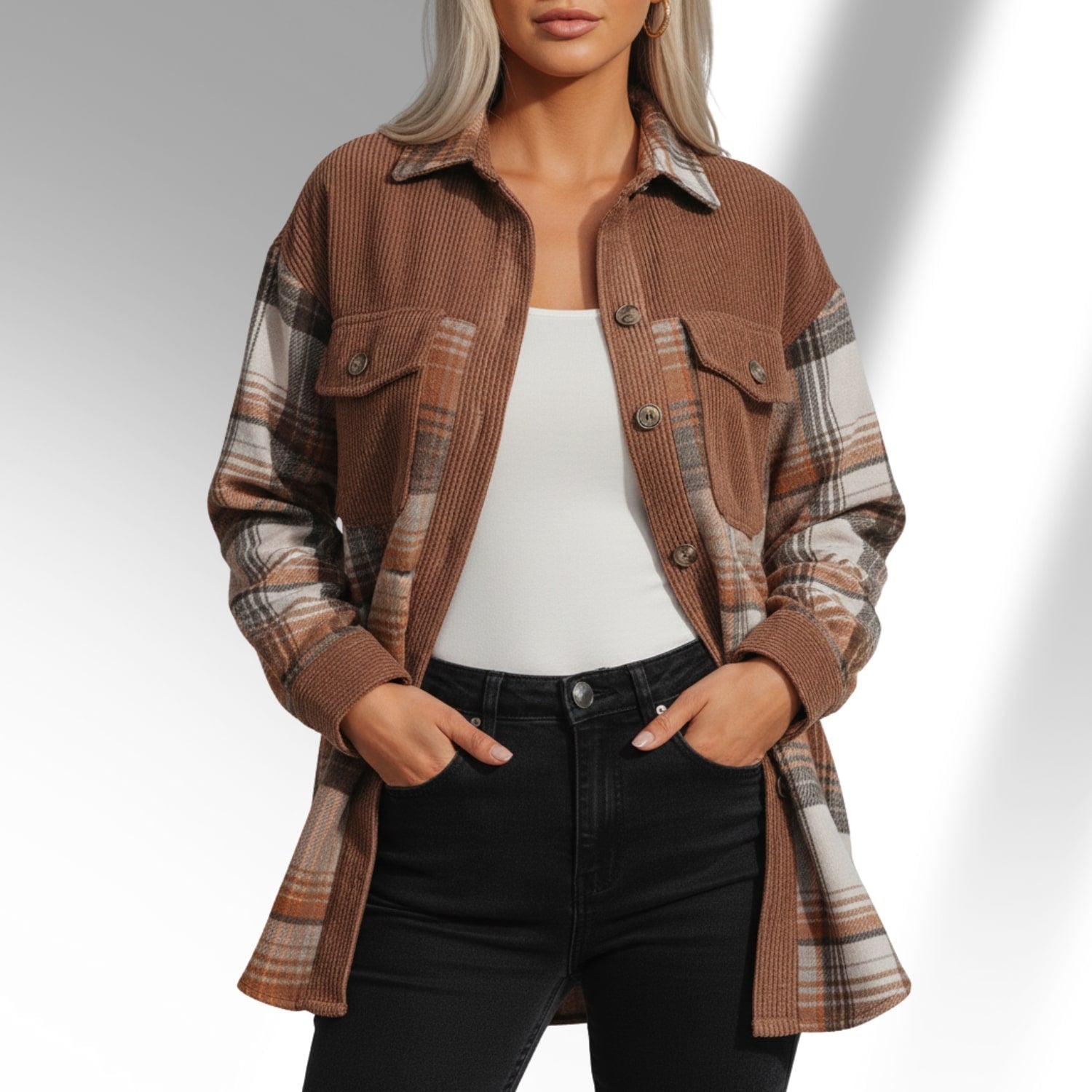 Hana Women’s Plaid Shacket – Brushed Fabric Overshirt with Corduroy Collar