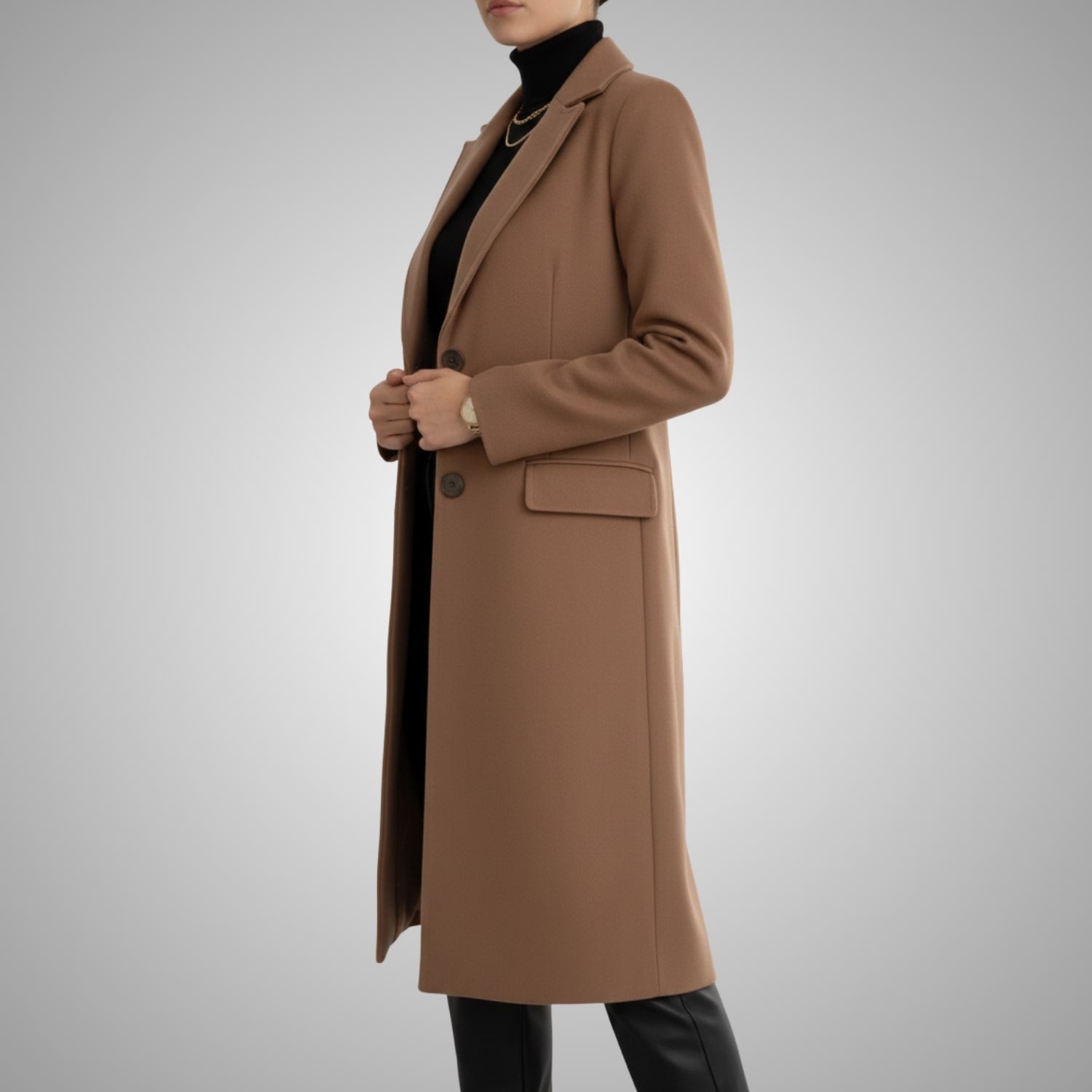 Alyssa Women’s Wool Coat – Tailored Two-Button Long Coat with Structured Collar