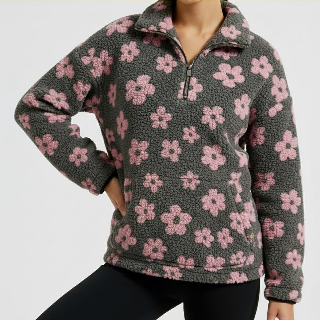Dahlia Women's Fleece Pullover – Floral Soft Half-Zip Oversized Winter Pullover