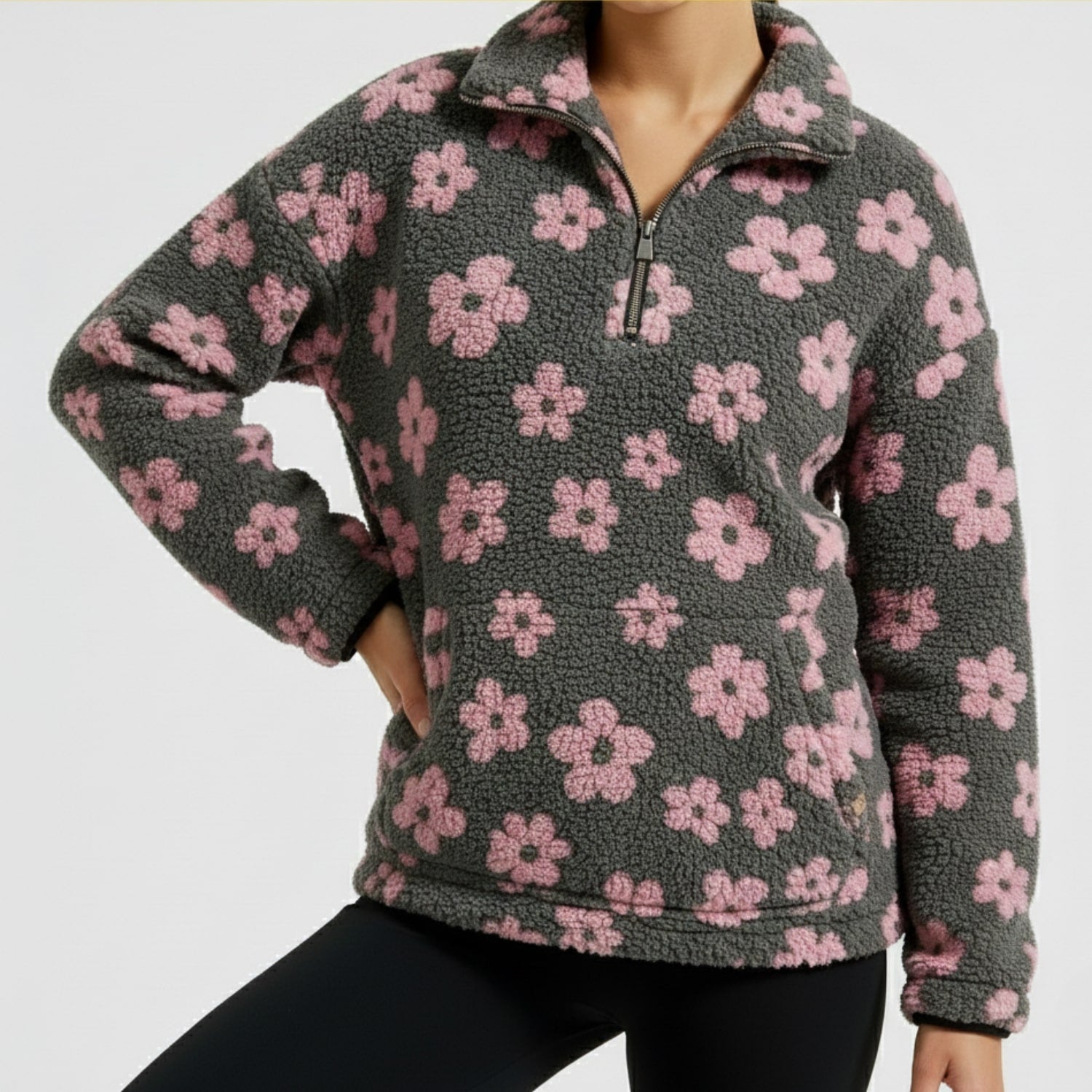 Dahlia Women's Fleece Pullover – Floral Soft Half-Zip Oversized Winter Pullover