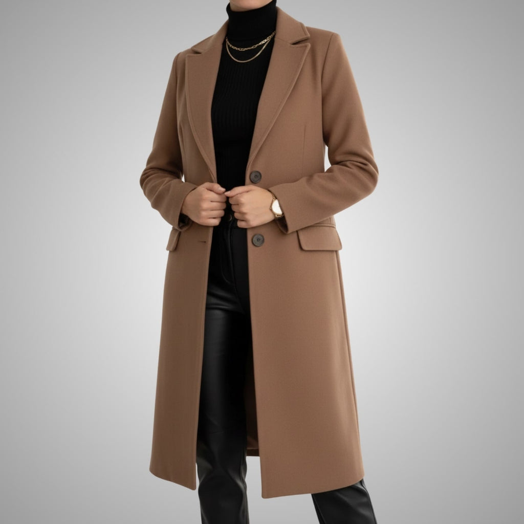 Alyssa Women’s Wool Coat – Tailored Two-Button Long Coat with Structured Collar