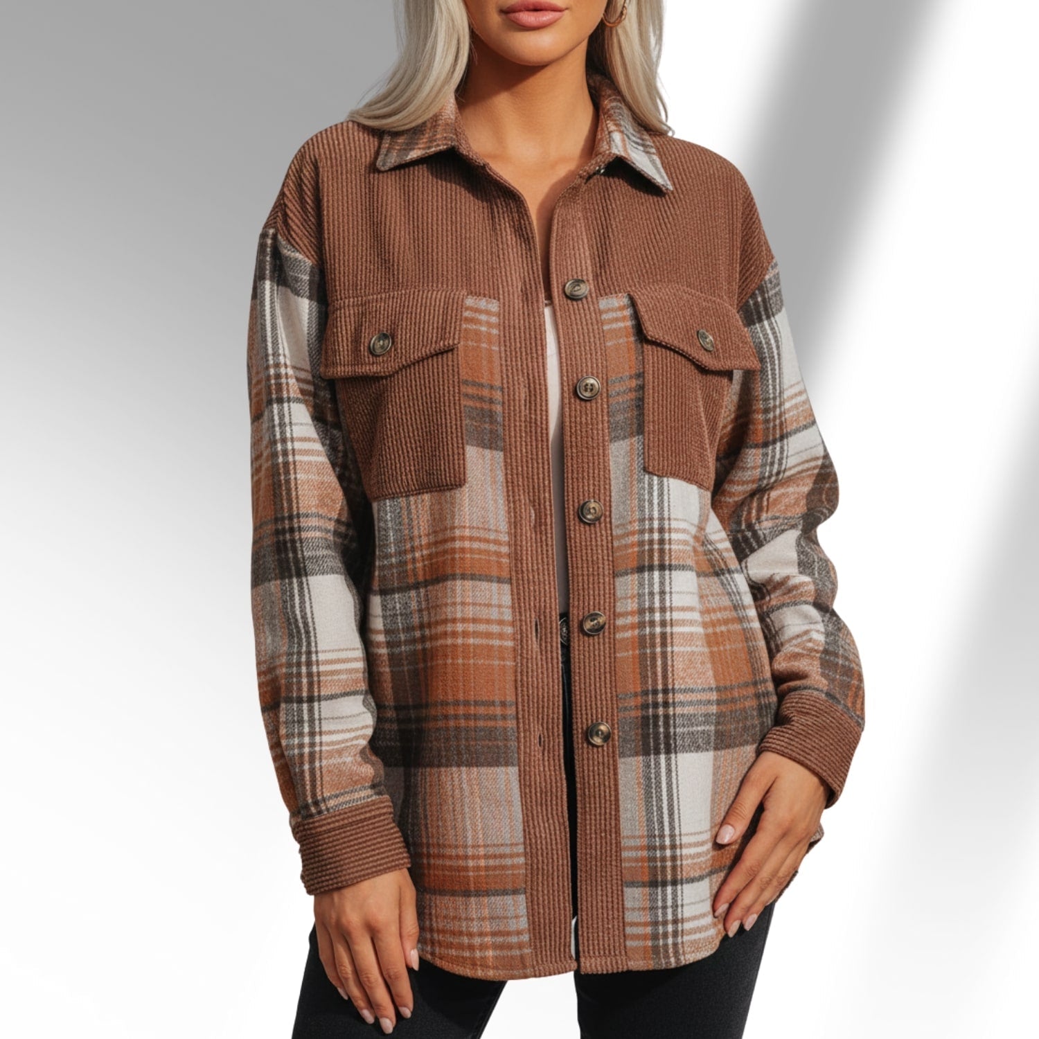 Hana Women’s Plaid Shacket – Brushed Fabric Overshirt with Corduroy Collar