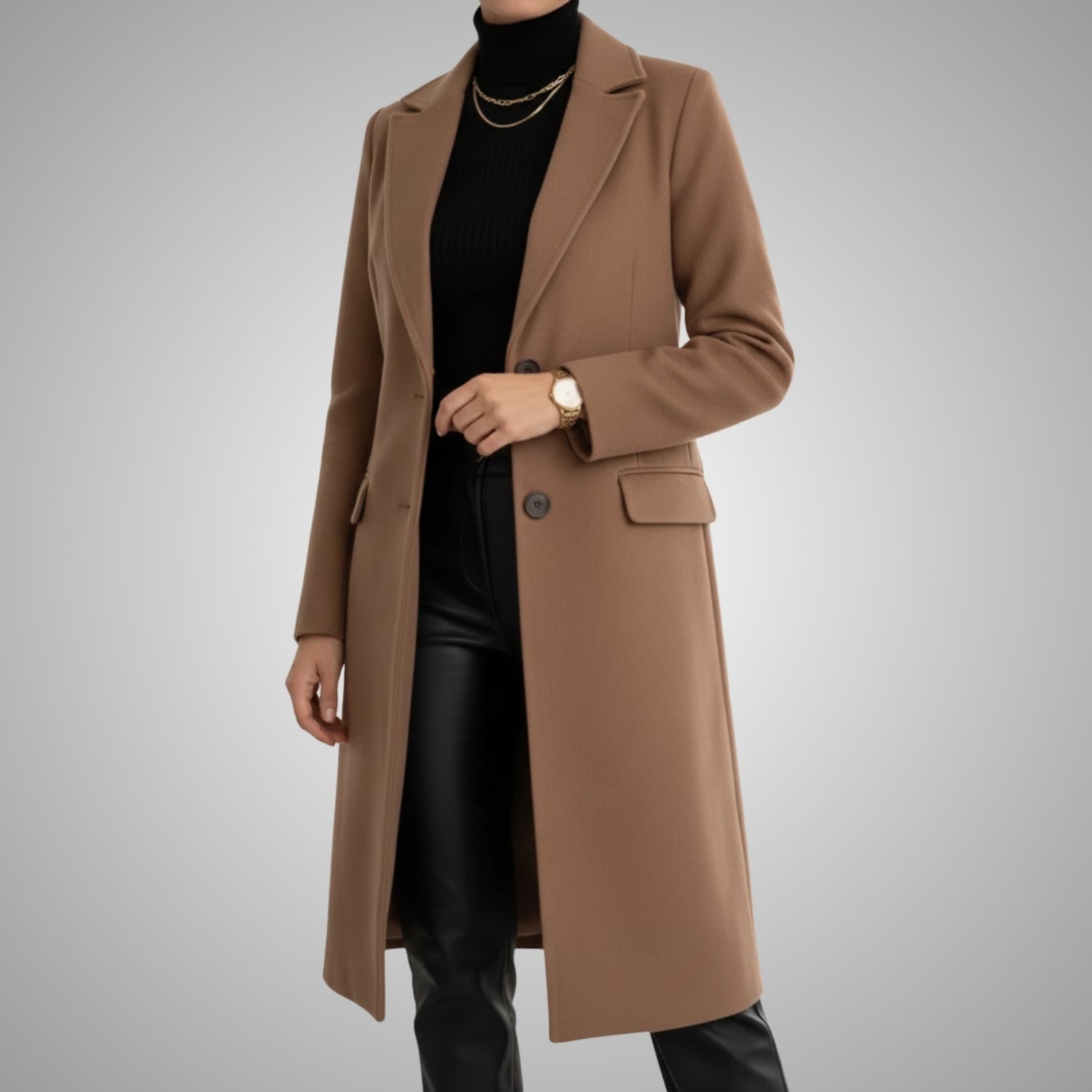 Alyssa Women’s Wool Coat – Tailored Two-Button Long Coat with Structured Collar