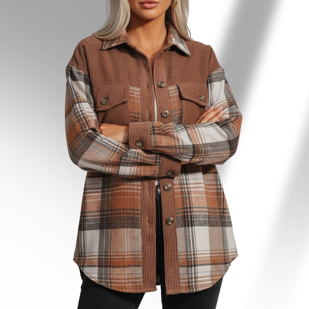 Hana Women’s Plaid Shacket – Brushed Fabric Overshirt with Corduroy Collar