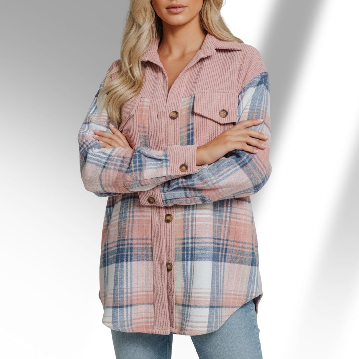 Hana Women’s Plaid Shacket – Brushed Fabric Overshirt with Corduroy Collar