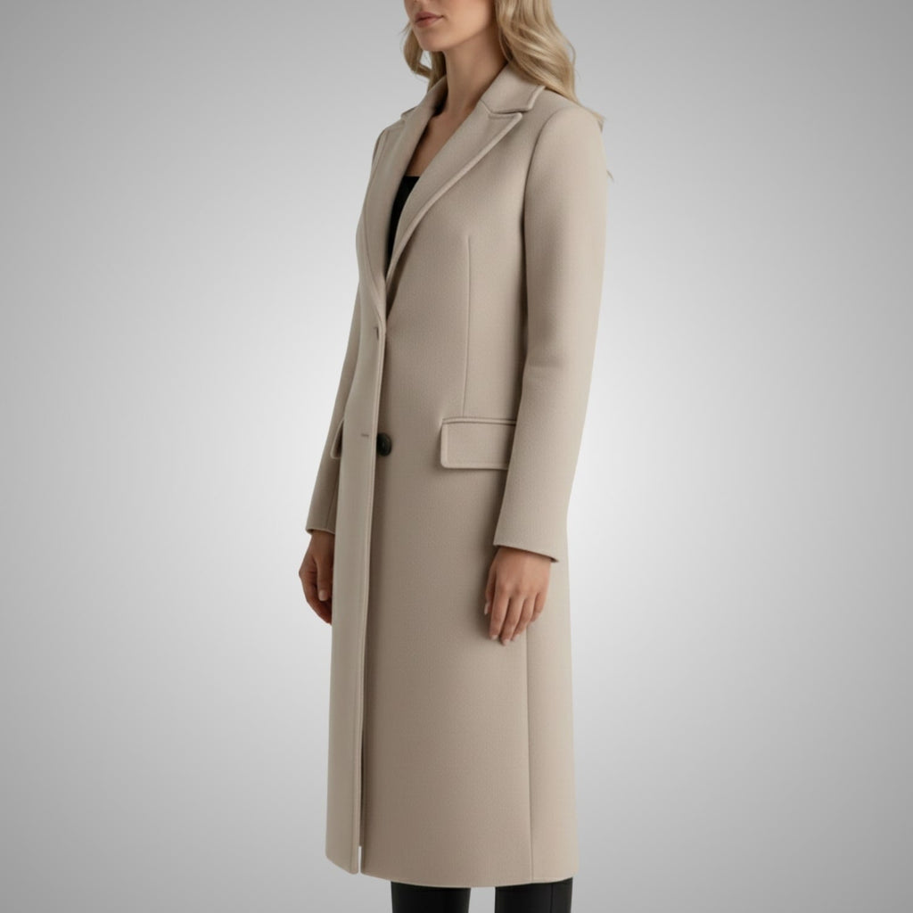 Alyssa Women’s Wool Coat – Tailored Two-Button Long Coat with Structured Collar