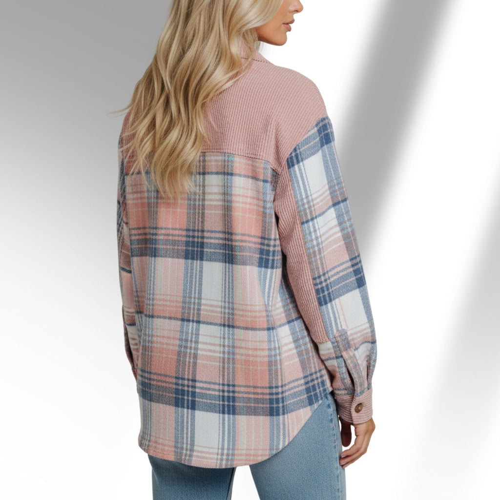 Hana Women’s Plaid Shacket – Brushed Fabric Overshirt with Corduroy Collar