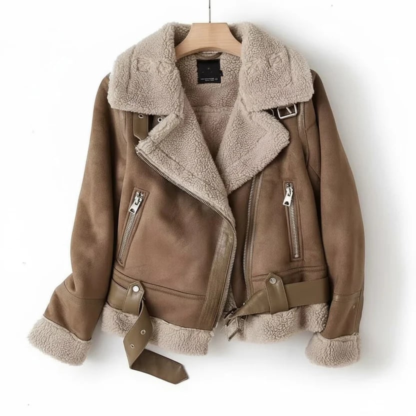Polina Women’s Shearling Jacket – Aviator Suede Jacket with Plush Lining