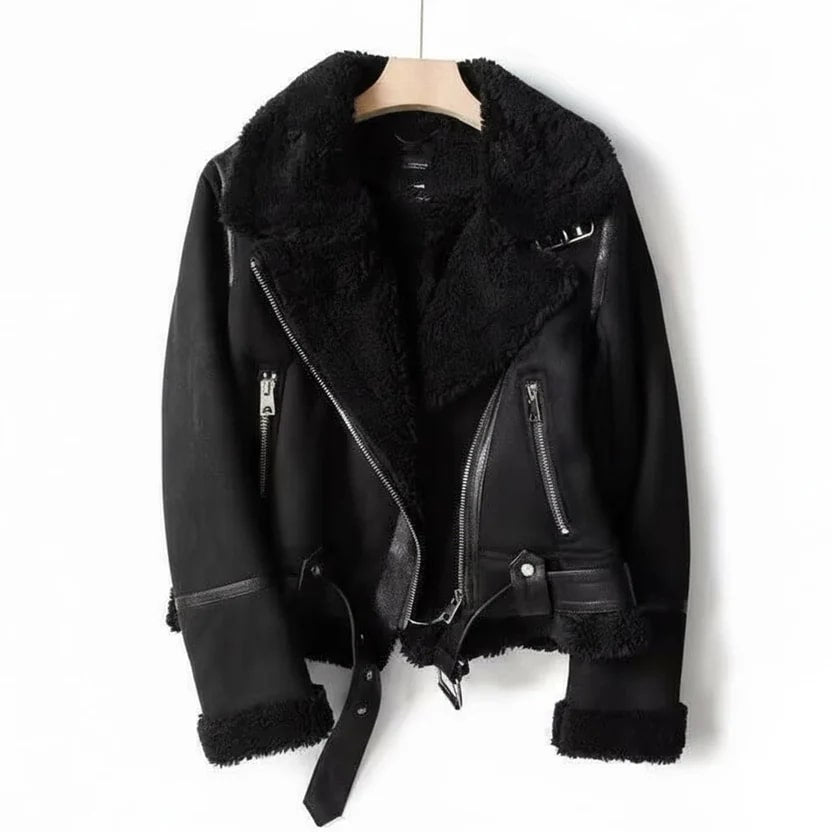 Polina Women’s Shearling Jacket – Aviator Suede Jacket with Plush Lining