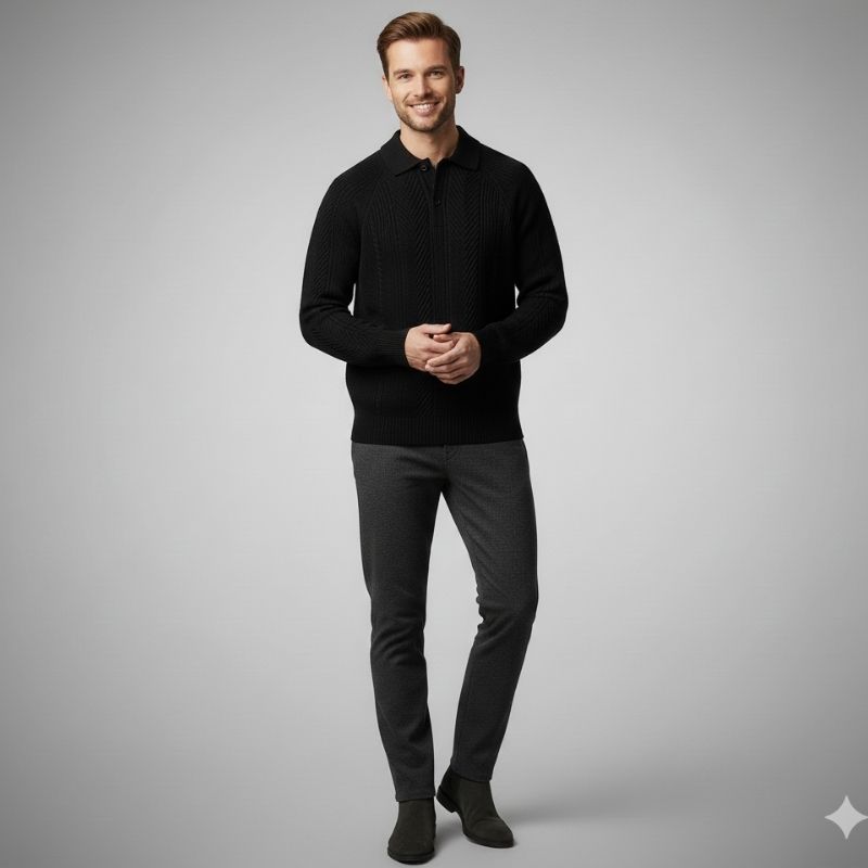 Ismael Men’s Knit Polo Sweater – Herringbone Texture with Structured Collar Pullover
