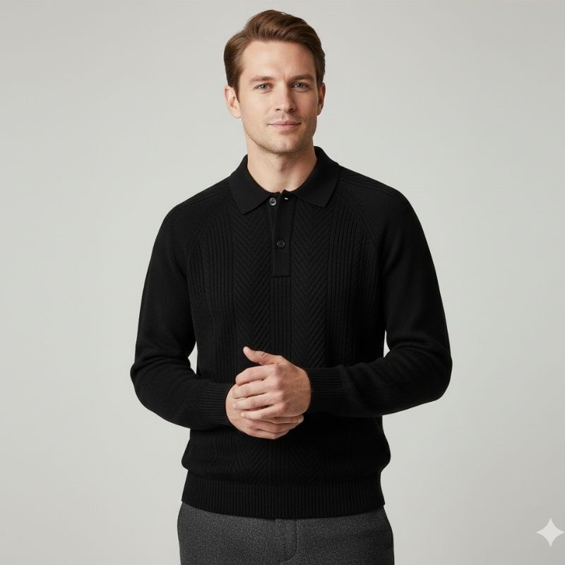 Ismael Men’s Knit Polo Sweater – Herringbone Texture with Structured Collar Pullover