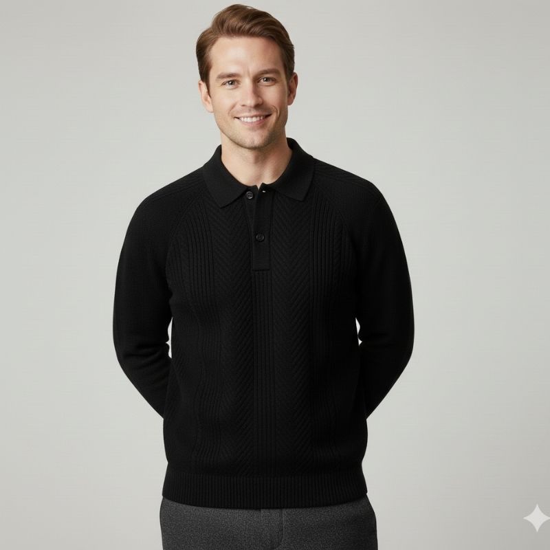 Ismael Men’s Knit Polo Sweater – Herringbone Texture with Structured Collar Pullover