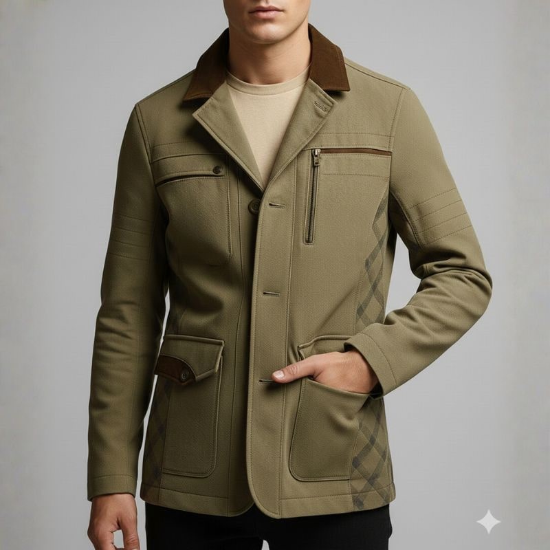 Fabio Men’s Field Jacket – Heavy Cotton Twill with Suede Jacket with Checked Lining