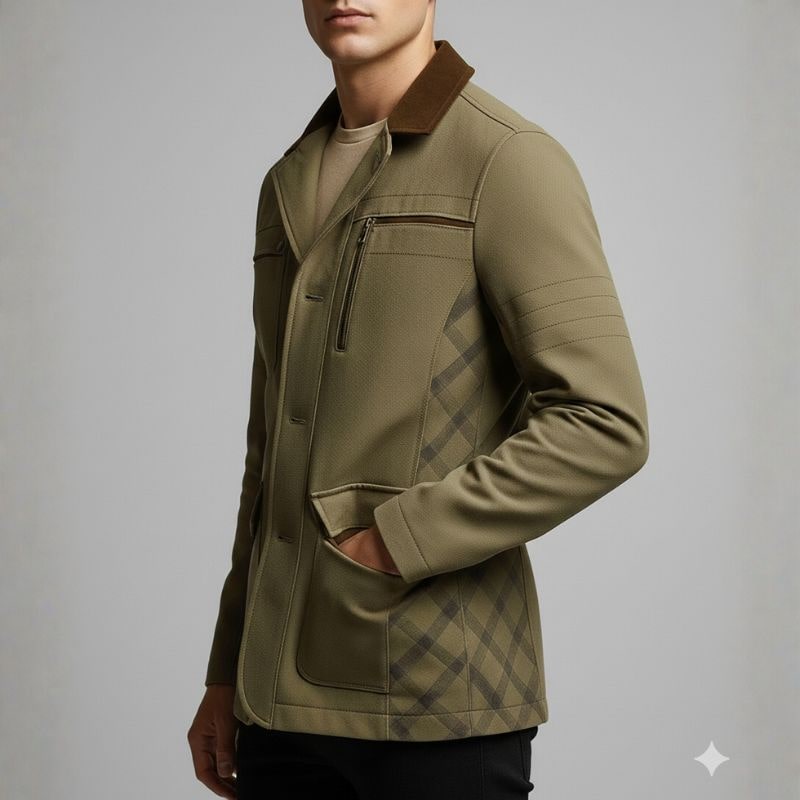 Fabio Men’s Field Jacket – Heavy Cotton Twill with Suede Jacket with Checked Lining