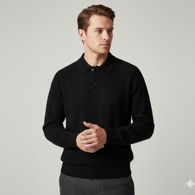 Ismael Men’s Knit Polo Sweater – Herringbone Texture with Structured Collar Pullover