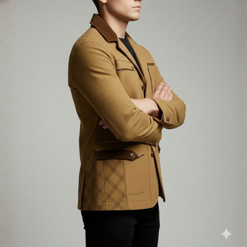 Fabio Men’s Field Jacket – Heavy Cotton Twill with Suede Jacket with Checked Lining