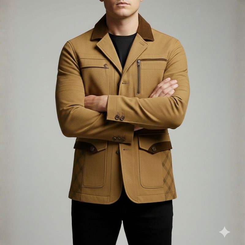 Fabio Men’s Field Jacket – Heavy Cotton Twill with Suede Jacket with Checked Lining