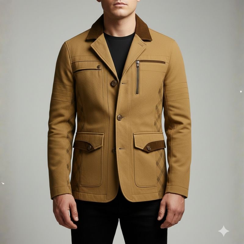 Fabio Men’s Field Jacket – Heavy Cotton Twill with Suede Jacket with Checked Lining