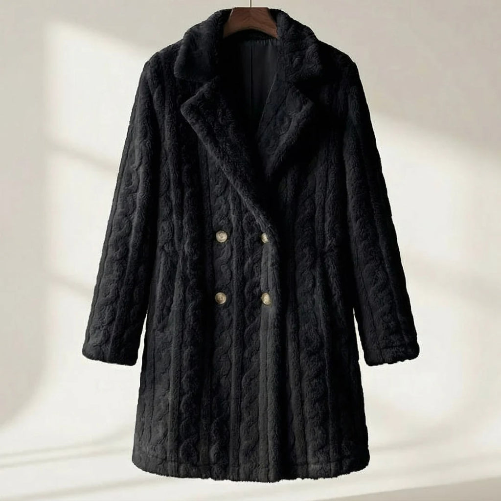 Sanne Women’s Plush Coat – Double-Breasted Mid-Length Faux Fur Winter Jacket