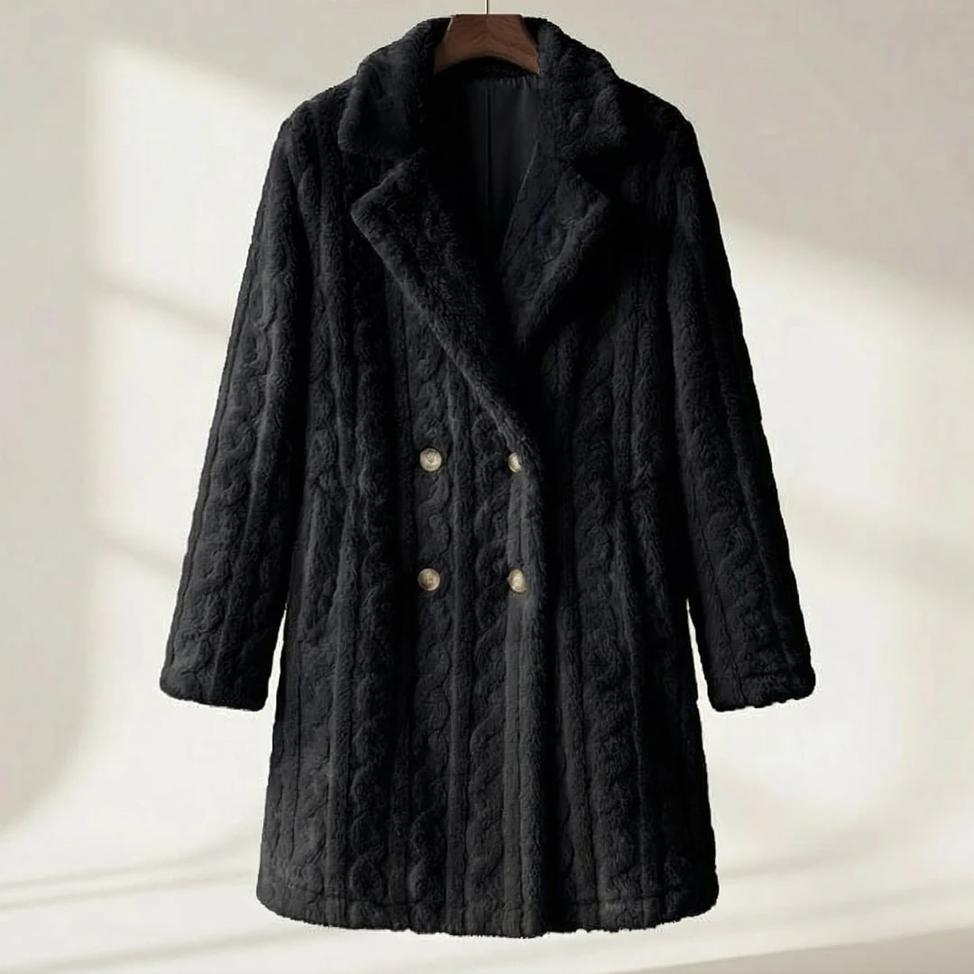 Sanne Women’s Plush Coat – Double-Breasted Mid-Length Faux Fur Winter Jacket
