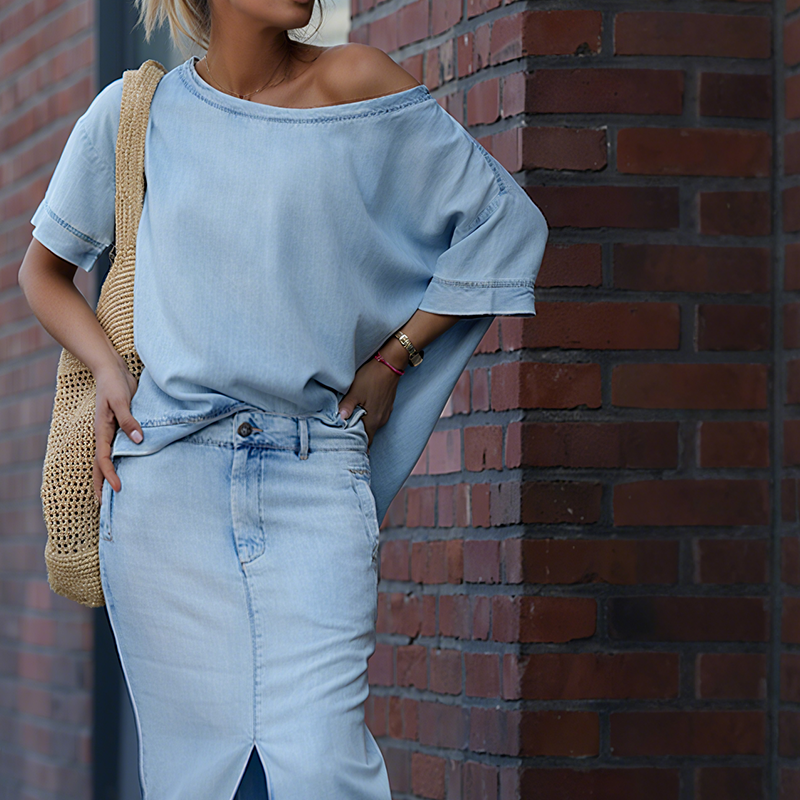 Sasha | Asymmetrical Top & Denim Skirt