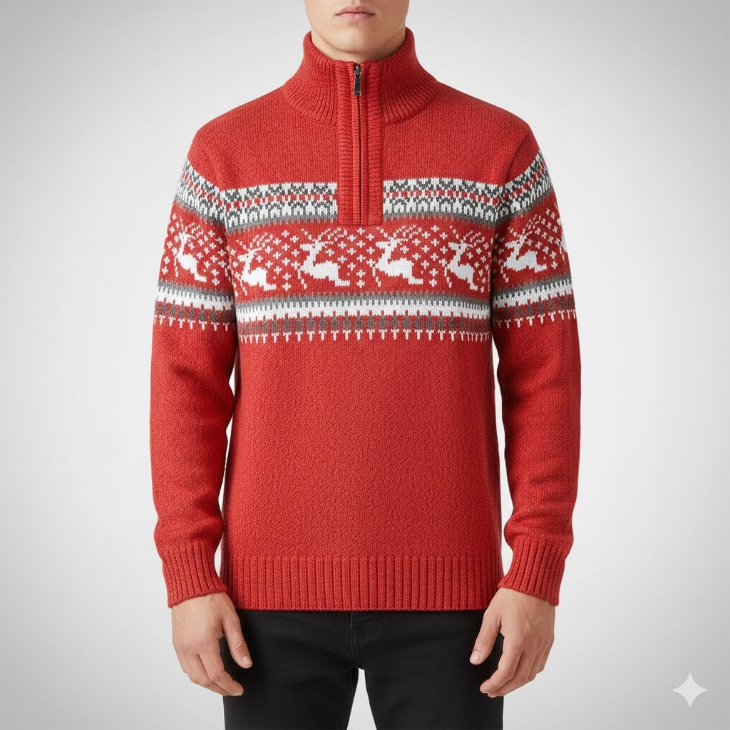 Mehdi Men's Christmas Sweater – Wool Knit Quarter-Zip Pullover