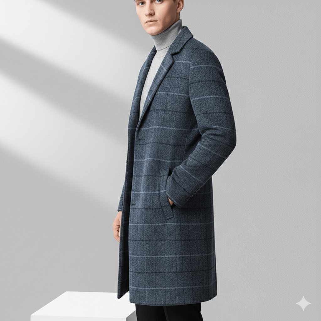 Asher Men’s Wool Coat – Windowpane Overcoat with Structured Mid-Length Design