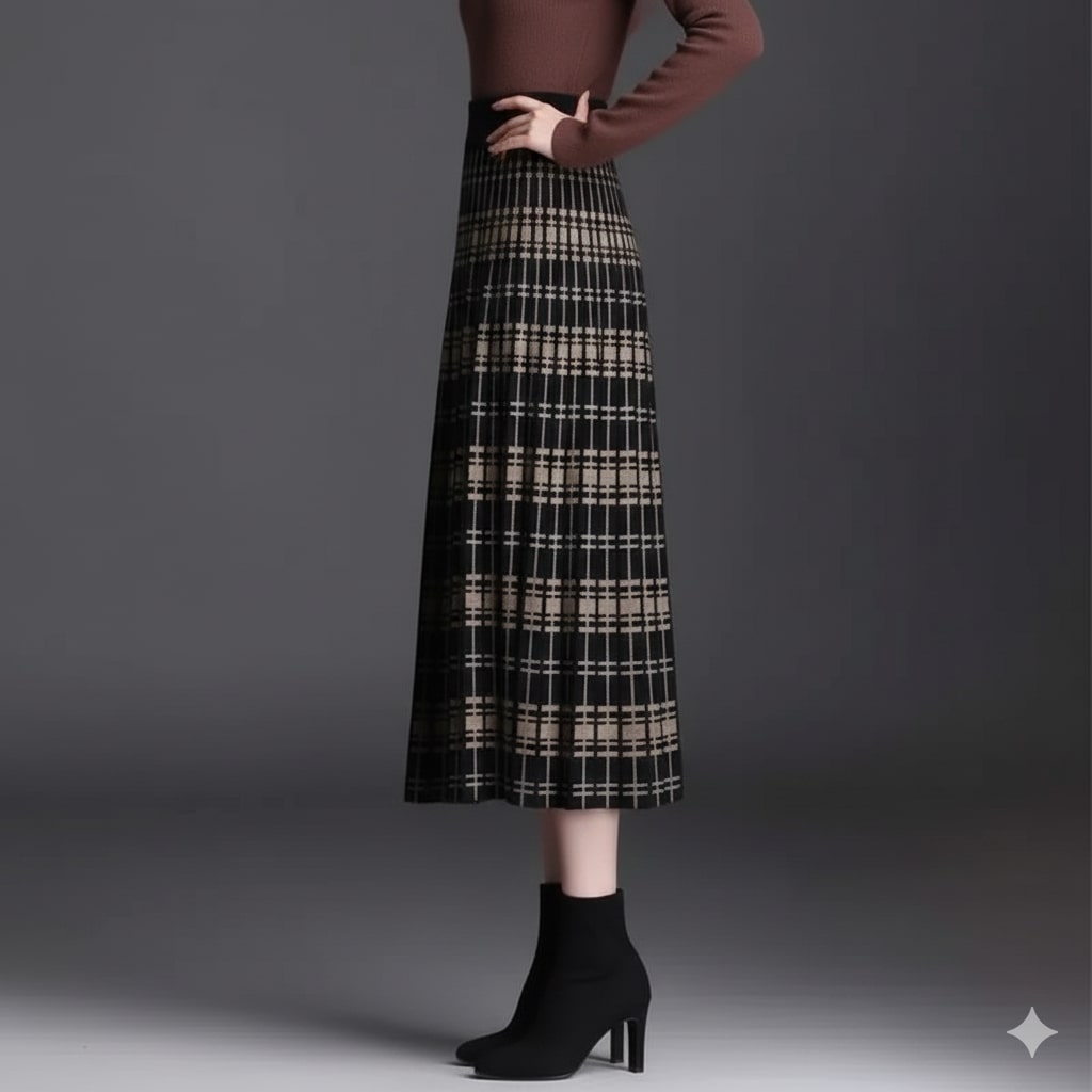 Clara Women's Pleated Midi Skirt – Stretch Cotton-Blend with Sculpted Waist