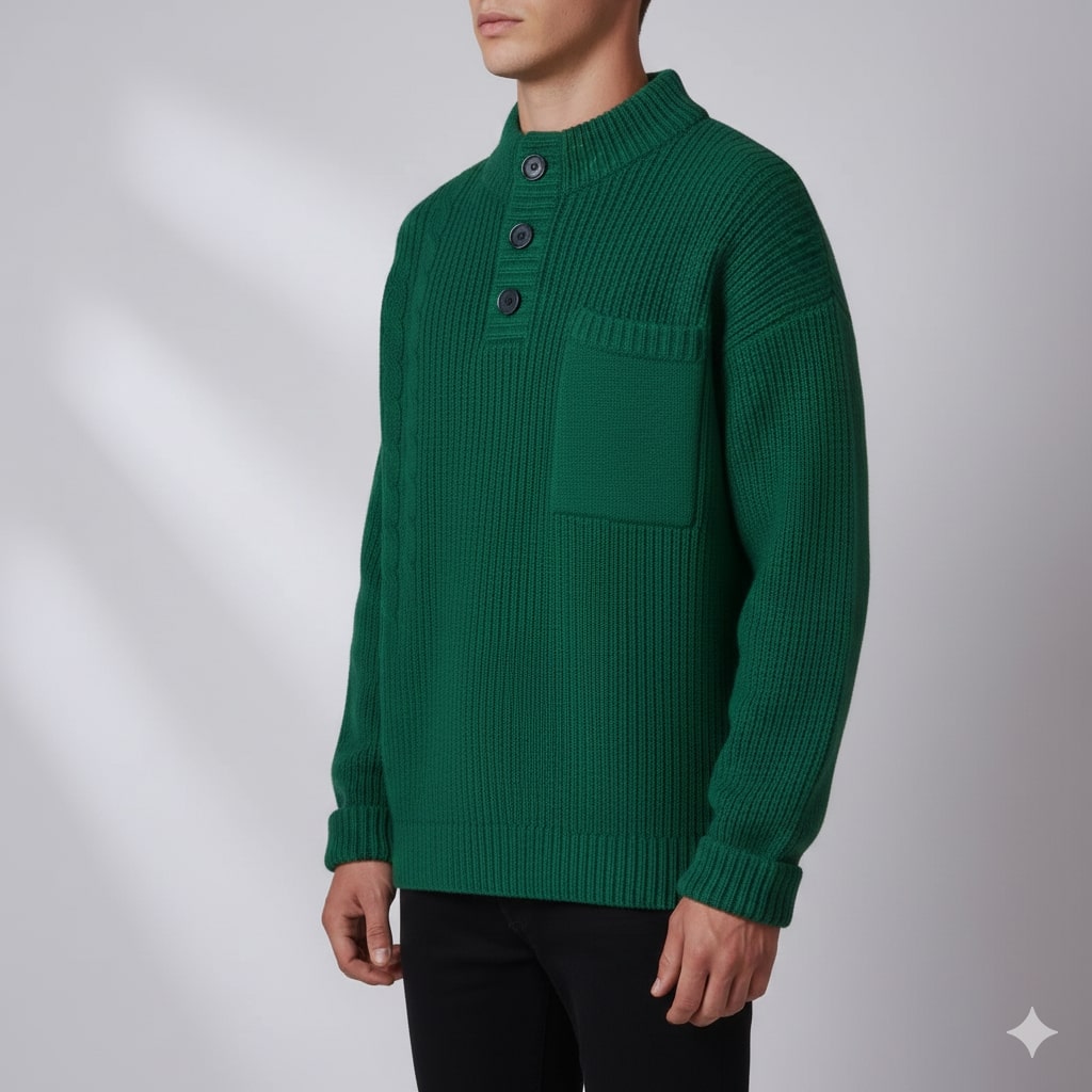 Luca Men’s Cable Knit Pullover – Soft O-Neck Sweater with Button Detail