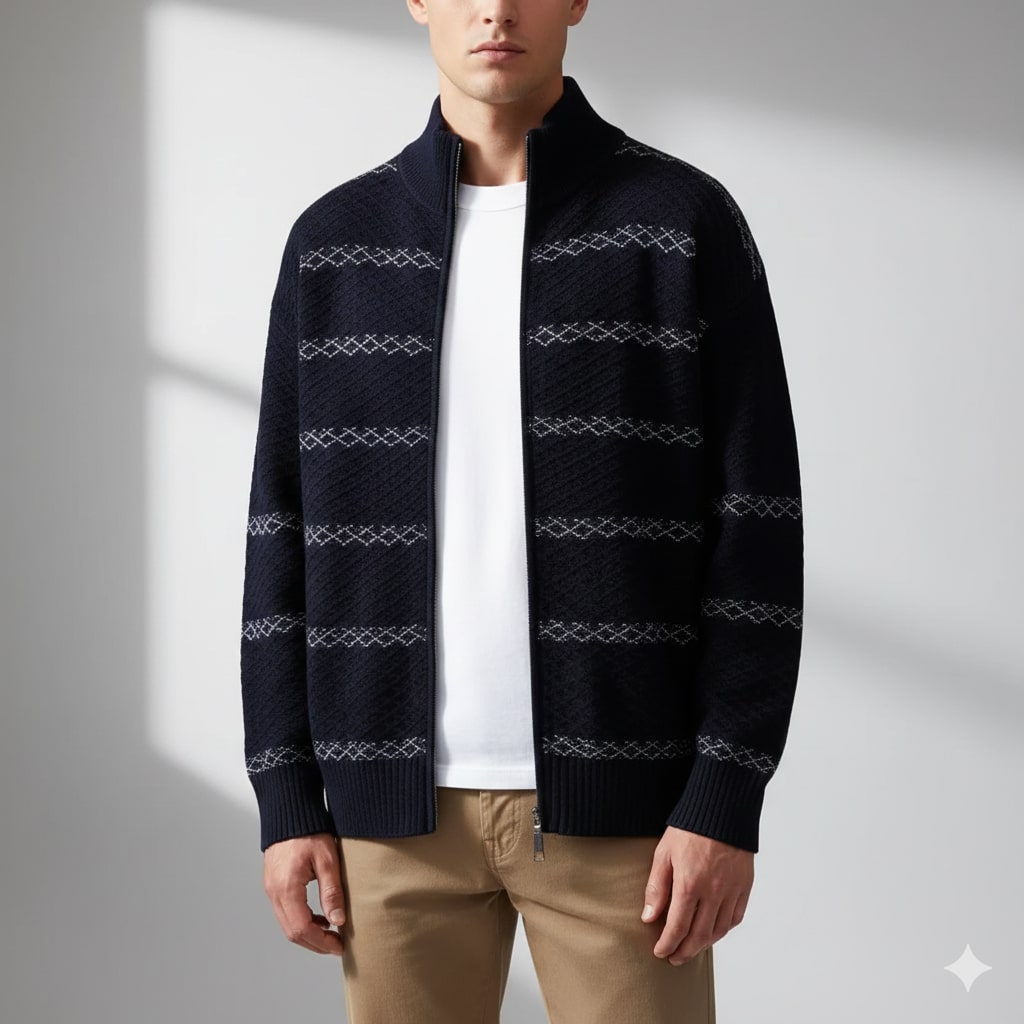 Mateo Men’s Zip-Up Cardigan – Textured Knit Sweater with Structured Stand Collar