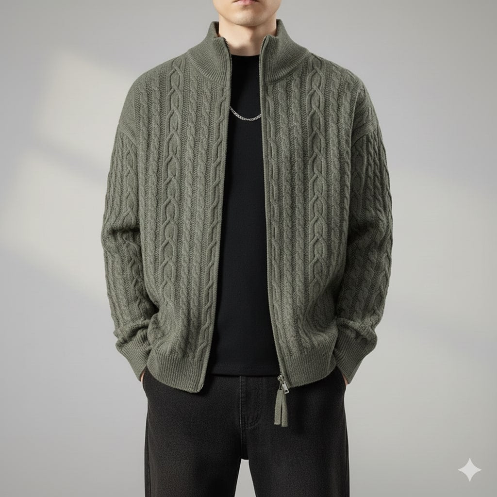 Denis Men’s Zip-Up Cardigan – Soft Wool  Cable Knit Mid-Weight Sweater