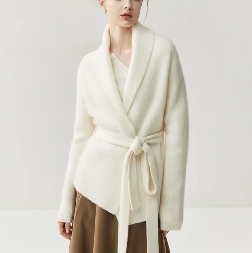 Alina Women’s Belted Cardigan – Soft  Wool Ribbed Knit with Waist Tie