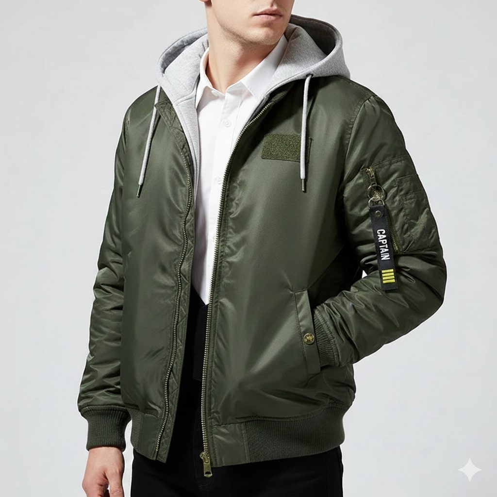 Finn Men’s Hoodie Jacket – Padded Cotton Military-Style Bomber Jacket