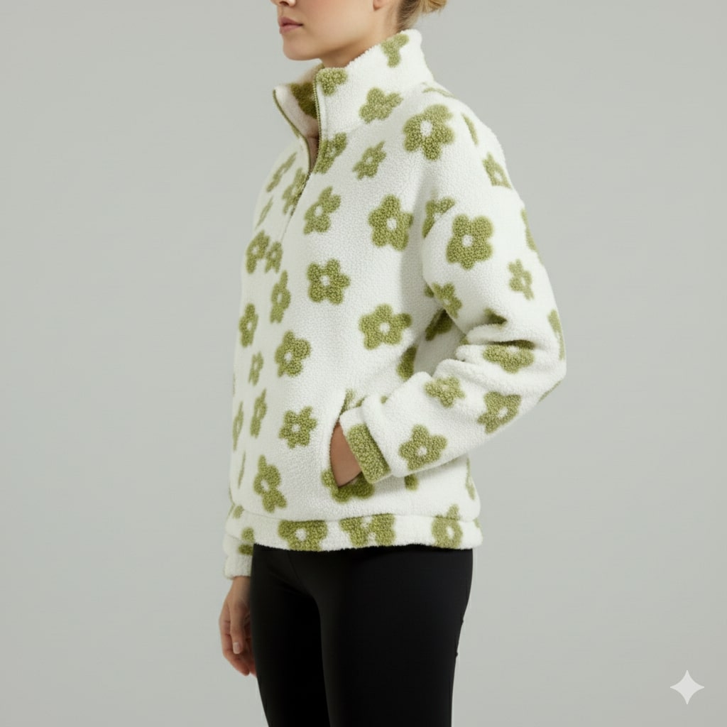Dahlia Women's Fleece Pullover – Floral Soft Half-Zip Oversized Winter Pullover